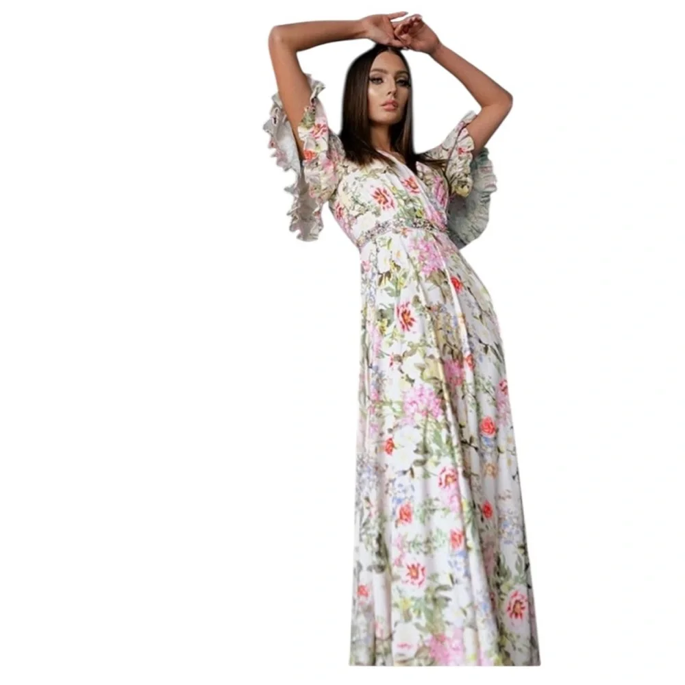 NWT MAC DUGGAL FLORAL V-NECK PLEATED MAXI DRESS Size 4 - Picture 10 of 15